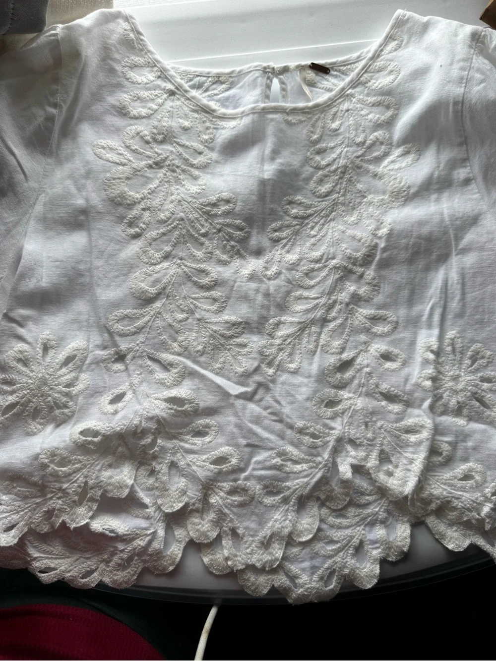 Free People White Eyelet Cropped Peasant Blouse - Women's Top